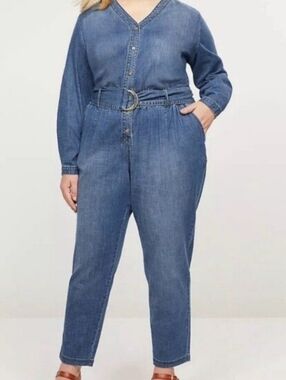 Lane Bryant Denim Button-Front Belted Elastic Waist Jumpsuit #3494